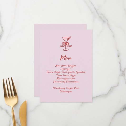 Meisjes Cocktail Brunch Roze Rood Handgeschreven Menu (Voorkant / Achterkant in situ)