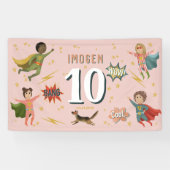Meisjes Cool Roze Actie Superheld Kids Verjaardag Spandoek (Horizontaal)