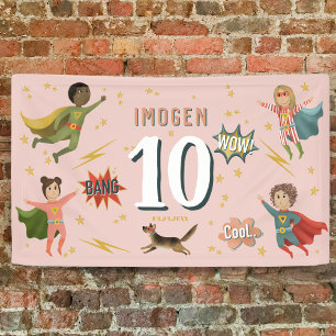 Meisjes Cool Roze Actie Superheld Kids Verjaardag Spandoek