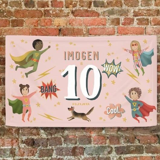 Meisjes Cool Roze Actie Superheld Kids Verjaardag Spandoek