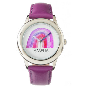 Meisjes Cute Boho Waterverf Rainbow en naam Horloge