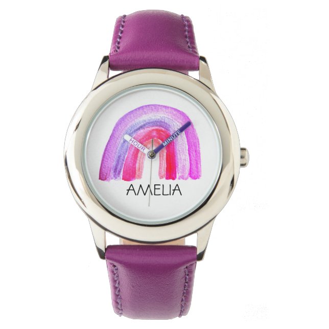 Meisjes Cute Boho Waterverf Rainbow en naam Horloge (Voorkant)