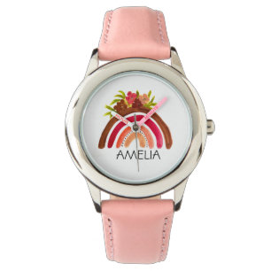 Meisjes Cute Boho Waterverf Rainbow en naam Horloge