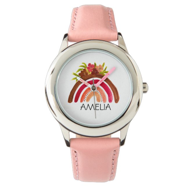 Meisjes Cute Boho Waterverf Rainbow en naam Horloge (Voorkant)
