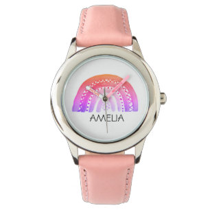 Meisjes Cute Boho Waterverf Rainbow en naam Horloge