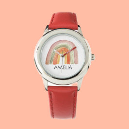 Meisjes Cute Boho Waterverf Rainbow en naam Horloge