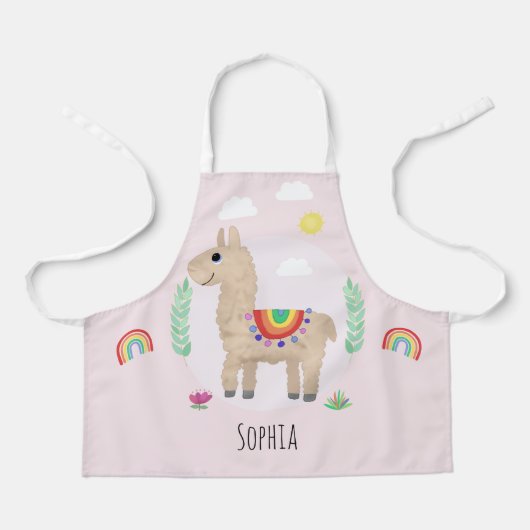 Meisjes Cute en Whimsical Pink Rainbow Llama Kinde Schort (Voorkant)