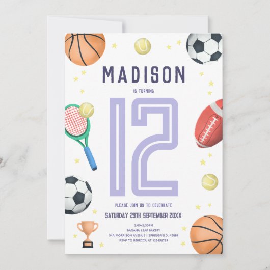 Meisjes Cute Paarse sport Cartoons Birthday Kaart (Voorkant)