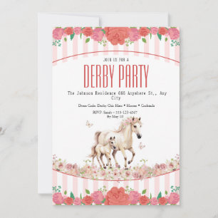 Meisjes Derby Feest Uitnodiging Roze Bloemen Paard