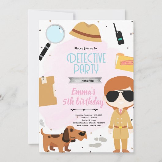 Meisjes detective feest uitnodiging (Voorkant)