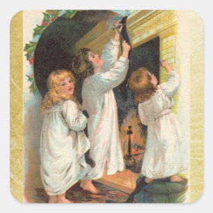  meisjes die met de kerstklep spelen vierkante sticker