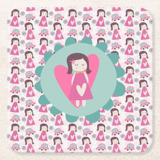 Meisjes die plaatsen zoeken kartonnen onderzetters (Voorkant)