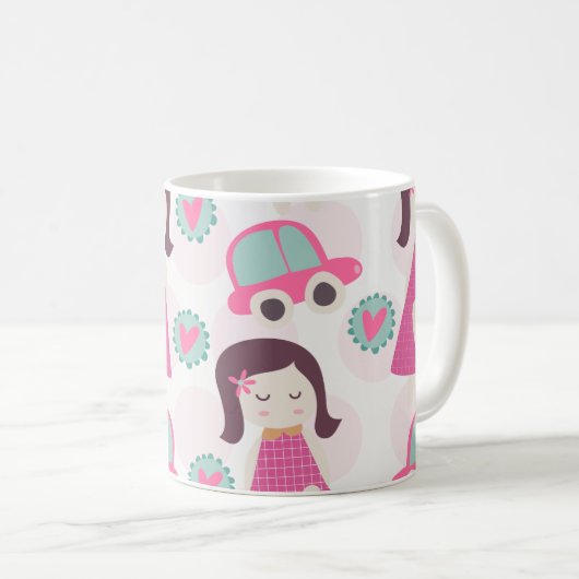 Meisjes die plaatsen zoeken koffiemok (Voorkant rechts)