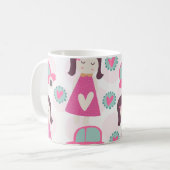 Meisjes die plaatsen zoeken koffiemok (Voorkant links)