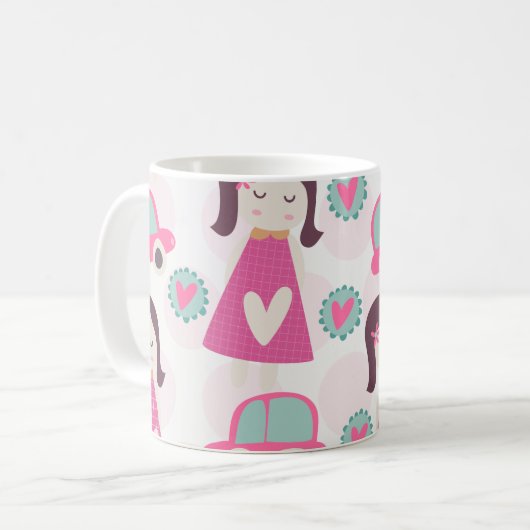 Meisjes die plaatsen zoeken koffiemok (Voorkant links)