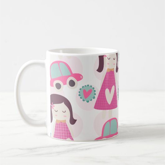 Meisjes die plaatsen zoeken koffiemok (Links)