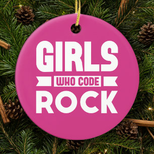 Meisjes die rock code, roze w / aangepaste tekst k keramisch ornament