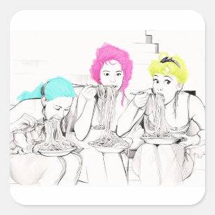 MEISJES DIE SPAGHETTI ETEN VIERKANTE STICKER