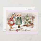 Meisjes die vogels voeden en met  bomen zijn gezle briefkaart (Voorkant / Achterkant)