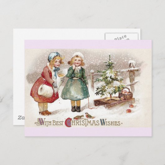 Meisjes die vogels voeden en met  bomen zijn gezle briefkaart (Voorkant / Achterkant)