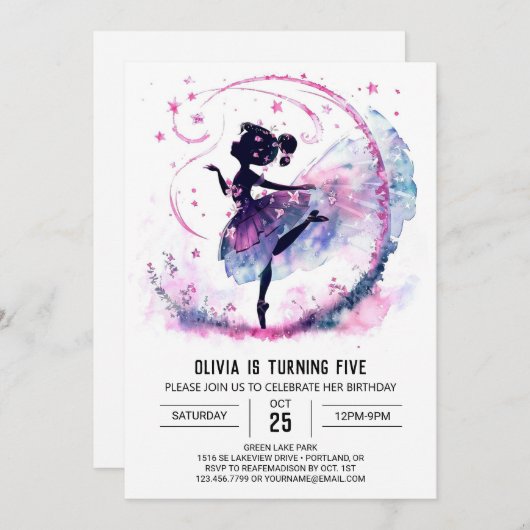 Meisjes digitale ballerina verjaardag kaart (Voorkant / Achterkant)