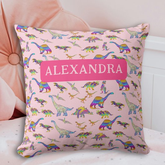 Meisjes Dinosaur gepersonaliseerd roze Kussen