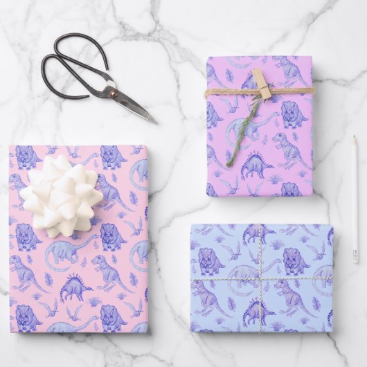 Meisjes Dinosaurus Gift Wrap in drie kleuren Inpakpapier Vel (Voorkant)