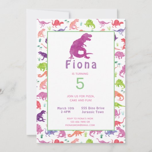 Meisjes Dinosaurus T-Rex Uitnodiging voor verjaard (Voorkant)