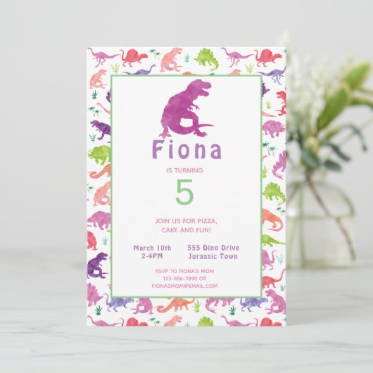 Meisjes Dinosaurus T-Rex Uitnodiging voor verjaard (Staand voorkant)