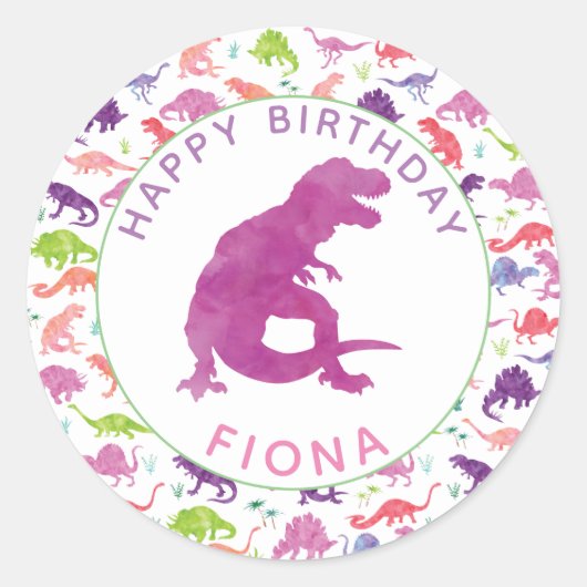 Meisjes Dinosaurus Verjaardagsfeestje Gepersonalis Ronde Sticker (Voorkant)