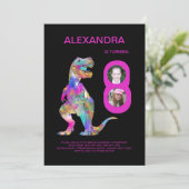 Meisjes Dinosaurus Verjaardagsfeestje Roze Kaart (Staand voorkant)