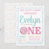 Meisjes donut eerste verjaardagsfeestje kaart (Voorkant / Achterkant)