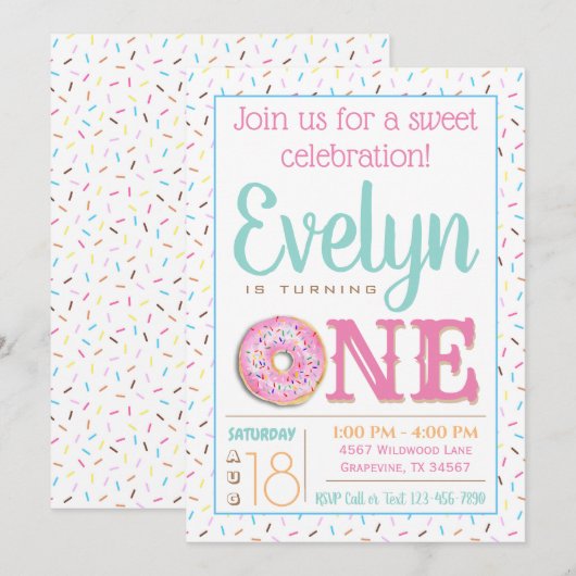 Meisjes donut eerste verjaardagsfeestje kaart (Voorkant / Achterkant)