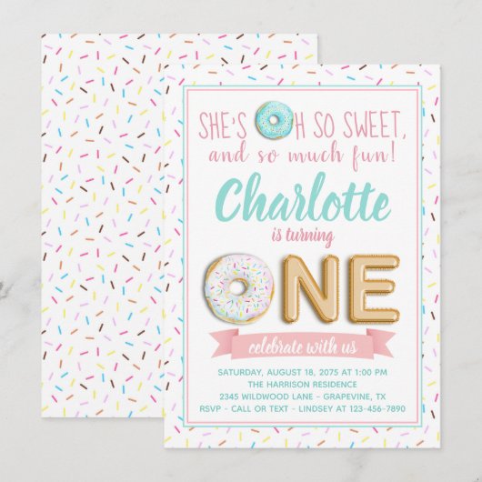 Meisjes Donut Folie Ballon 1e Verjaardagsfeest Kaart (Voorkant / Achterkant)