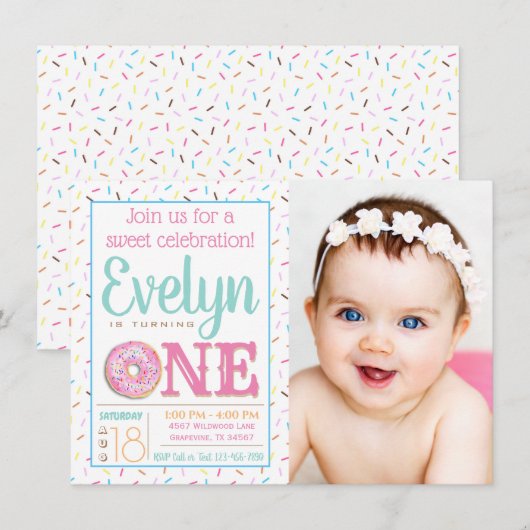 Meisjes Donut Foto 1e Verjaardagsfeest Kaart (Voorkant / Achterkant)