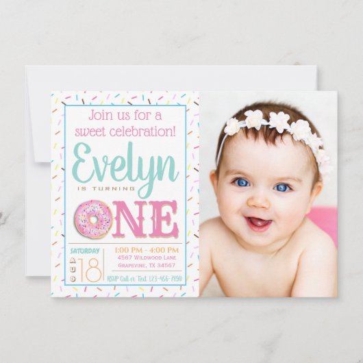 Meisjes Donut Foto 1e Verjaardagsfeest Kaart (Voorkant)