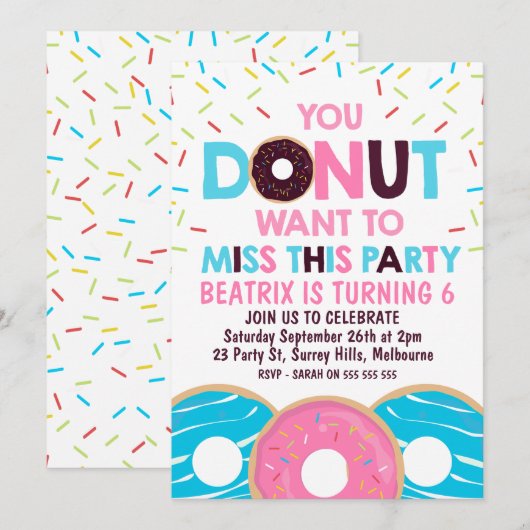Meisjes Donut willen feest uitnodigen Kaart (Voorkant / Achterkant)