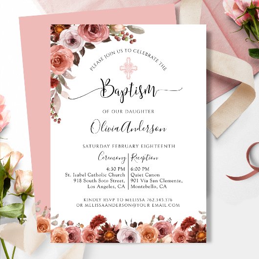 Meisjes Doop Blozend Roze Bloemen Uitnodiging