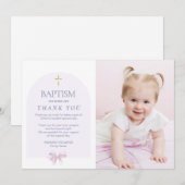 Meisjes Doop Dank u met Foto, Roze Bow Theme Kaart (Voorkant / Achterkant)