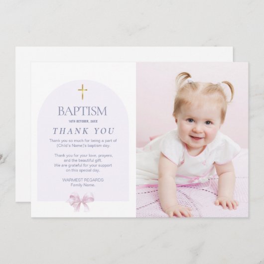 Meisjes Doop Dank u met Foto, Roze Bow Theme Kaart (Voorkant / Achterkant)