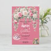 Meisjes Doop Roze Bloemen Kaart (Staand voorkant)