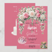 Meisjes Doop Roze Bloemen Kaart (Voorkant / Achterkant)