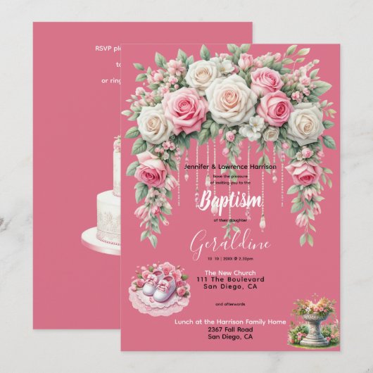 Meisjes Doop Roze Bloemen Kaart (Voorkant / Achterkant)