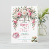 Meisjes Doop Roze Bloemen Kaart (Staand voorkant)