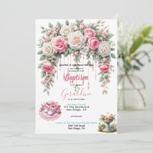 Meisjes Doop Roze Bloemen Kaart (Staand voorkant)