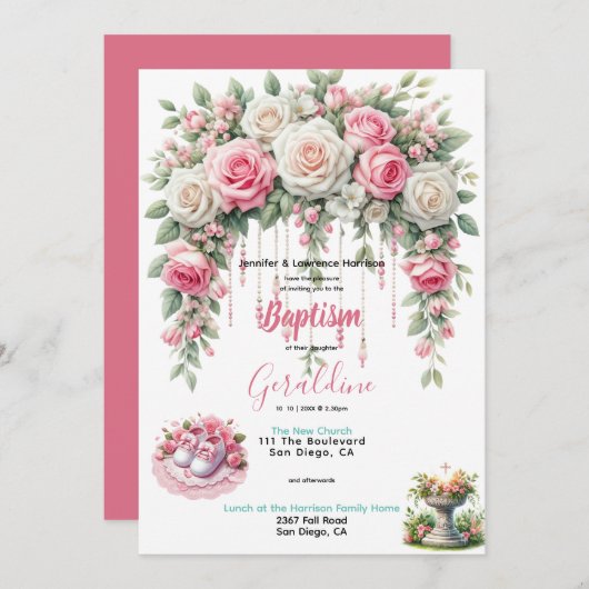 Meisjes Doop Roze Bloemen Kaart (Voorkant / Achterkant)