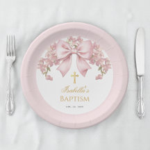 Meisjes Doop Roze Strik Bloemen & Gouden Kruis
