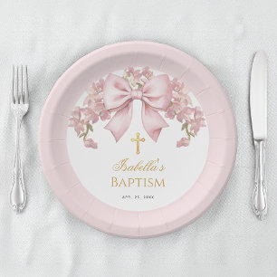 Meisjes Doop Roze Strik Bloemen & Gouden Kruis Papieren Bordje