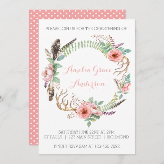 Meisjes doop uitnodiging - Roze Bloemen (Voorkant / Achterkant)