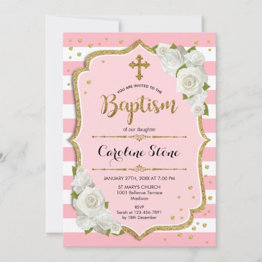Meisjes Doop Uitnodiging - Roze Goud Wit (Voorkant)